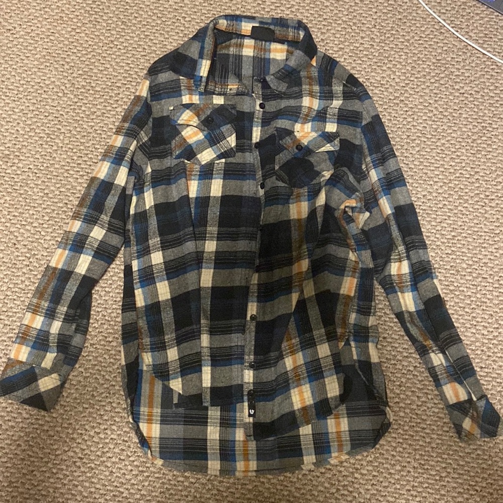Orange, black, grey, blue flannel, slightly used